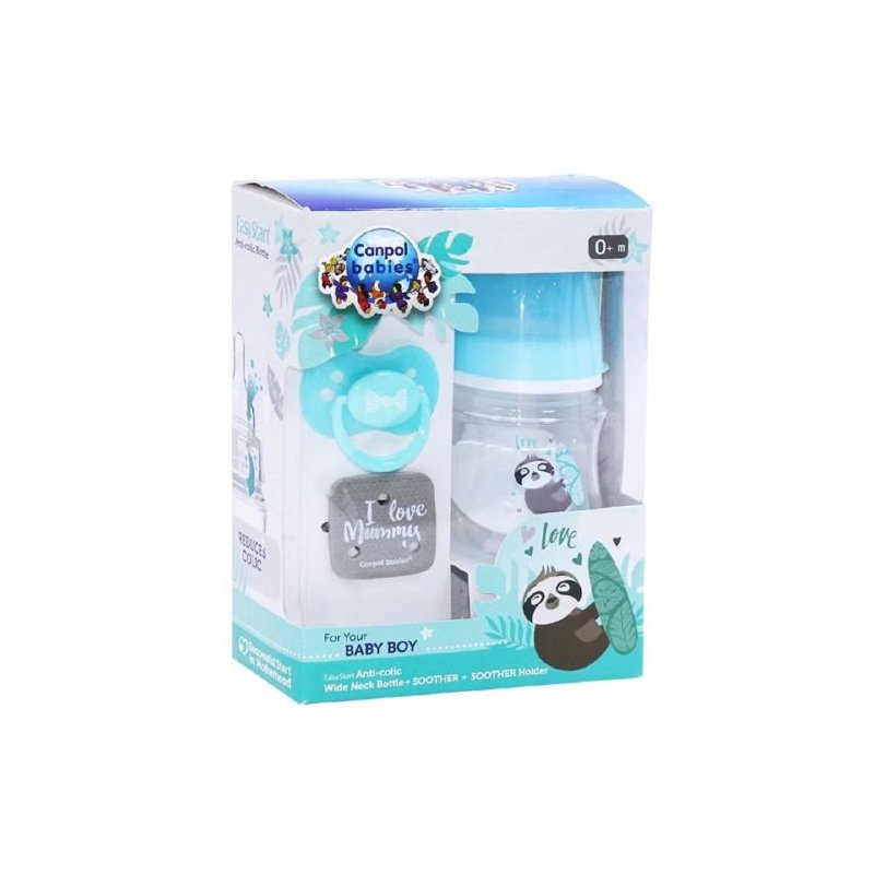 Newborn Gift Set + Anti-colic Bottle 0+m - 120 Ml + Silicone Soother 0-6m+ Soother Holder- Blue