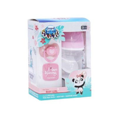Newborn Gift Set + Anti-colic Bottle 0+m - 120 Ml + Silicone Soother 0-6m+ Soother Holder- Pink