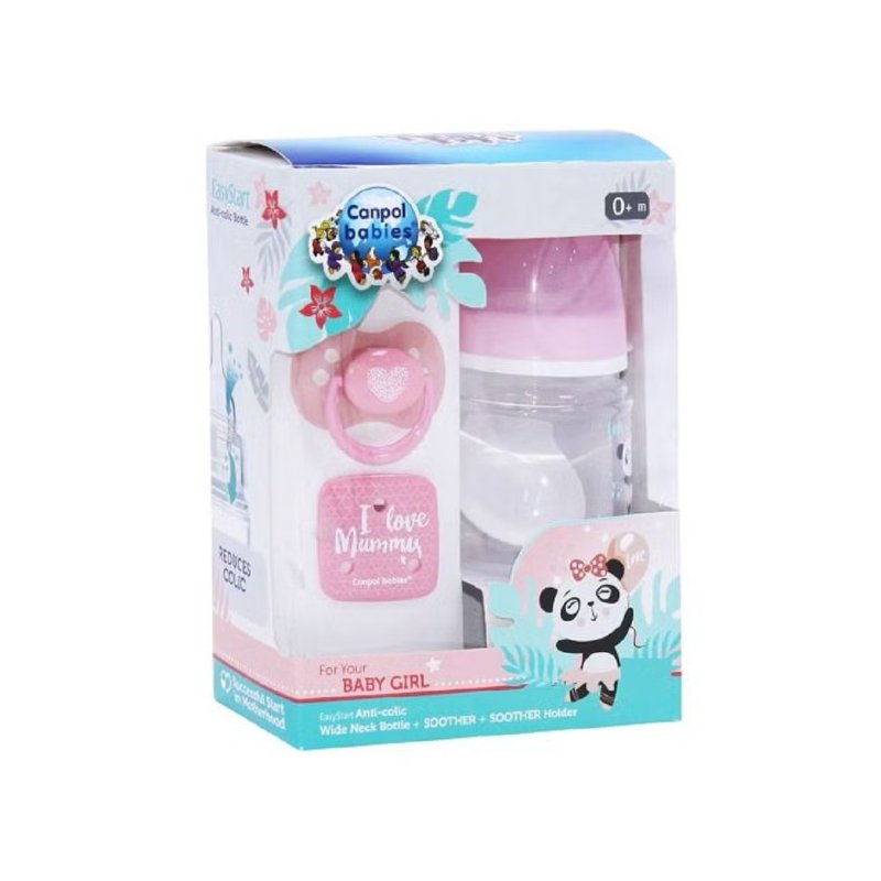 Newborn Gift Set + Anti-colic Bottle 0+m - 120 Ml + Silicone Soother 0-6m+ Soother Holder- Pink